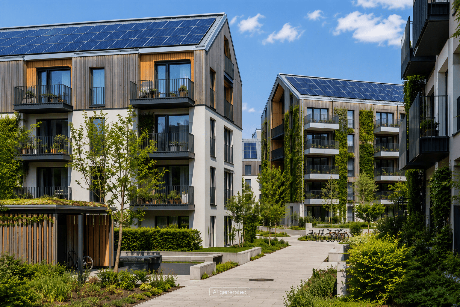 Moderne Wohnanlage mit Pflanzen und Solarpanelen, umgeben von Grünflächen und einem gepflasterten Weg. Moderne Wohnanlage mit Pflanzen und Solarpanelen, umgeben von Grünflächen und einem gepflasterten Weg.