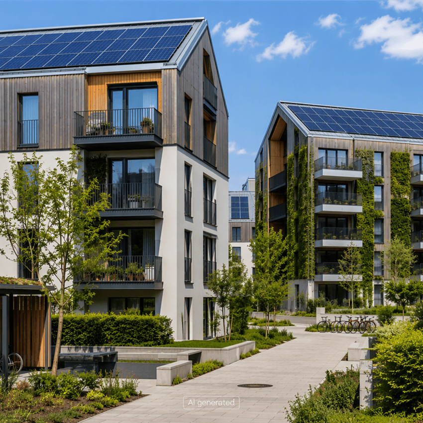 Moderne Wohnanlage mit Pflanzen und Solarpanelen, umgeben von Grünflächen und einem gepflasterten Weg. Moderne Wohnanlage mit Pflanzen und Solarpanelen, umgeben von Grünflächen und einem gepflasterten Weg.