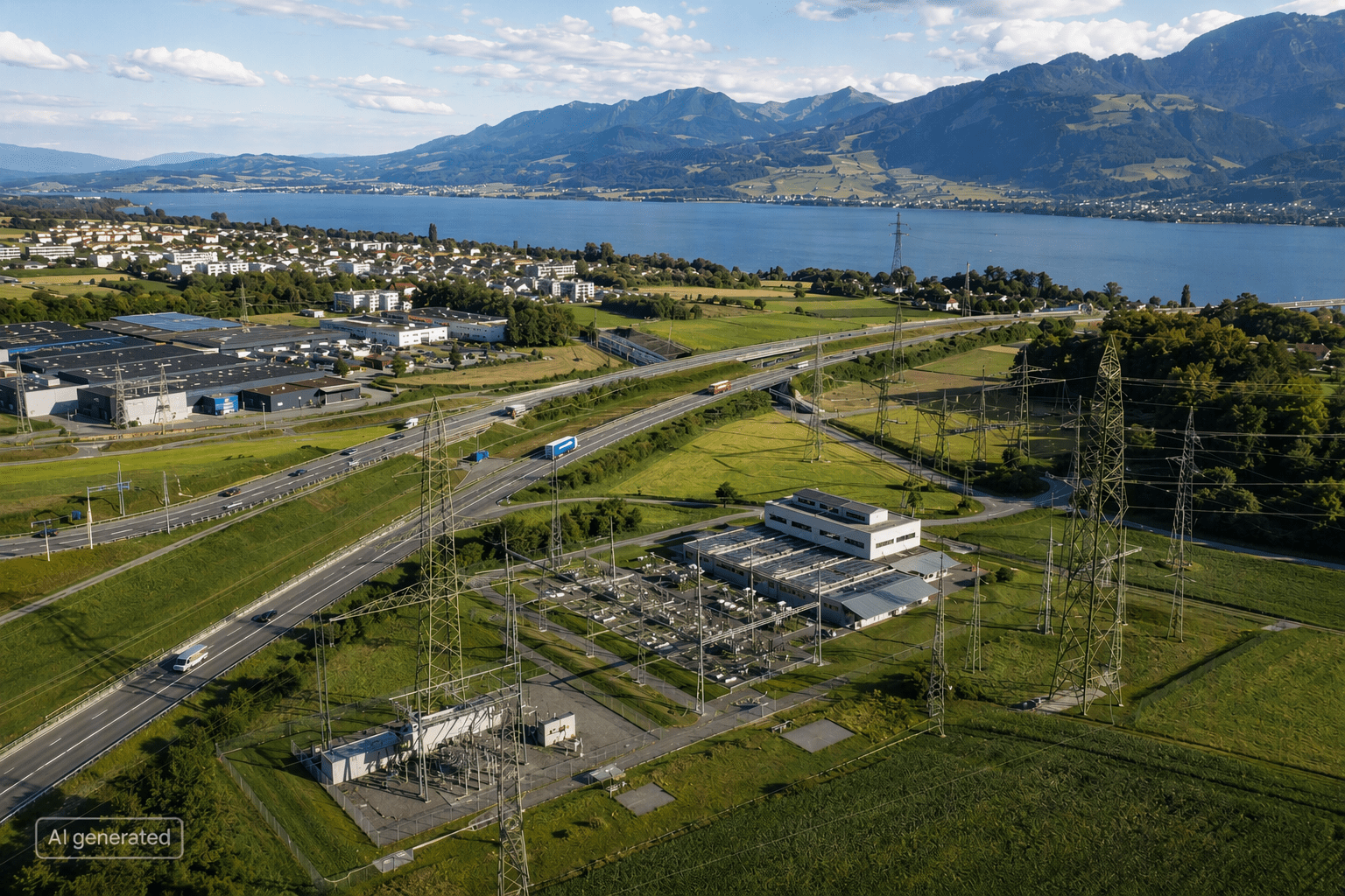 Eine weitläufige Landschaft mit einer Straße, Häusern, Hochspannungsmasten und einem See im Hintergrund.