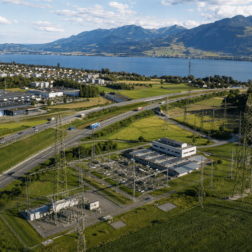 Eine weitläufige Landschaft mit einer Straße, Häusern, Hochspannungsmasten und einem See im Hintergrund. Eine weitläufige Landschaft mit einer Straße, Häusern, Hochspannungsmasten und einem See im Hintergrund.