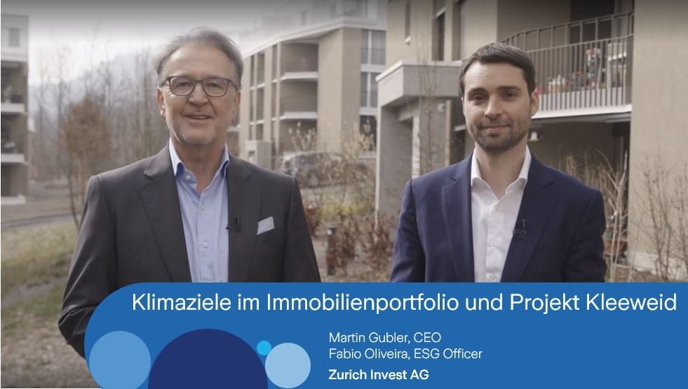 Immobilier Suisse, durabilité Vidéo avec Martin Gubler et Fabio Oliveira sur les objectifs climatiques dans le portefeuille immobilier et la cité Kleeweid